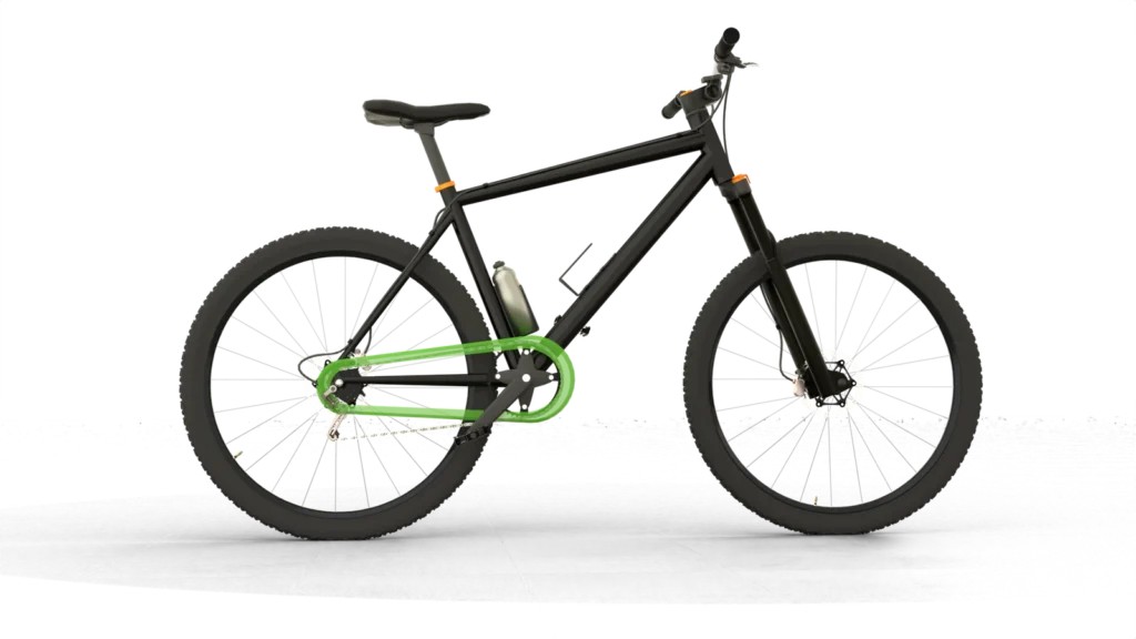 Voorbeeld van een fiets met een gedeeltelijk open kettingkast die geschikt is voor montage van een fietszijspan.