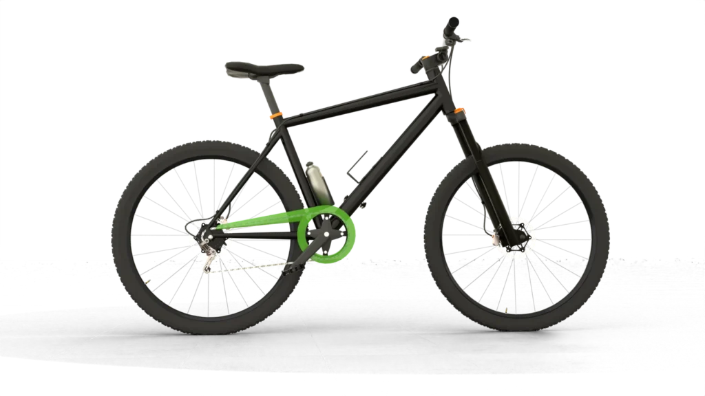 Voorbeeld van een fiets met een volledig open kettingkast die geschikt is voor montage van een fietszijspan.